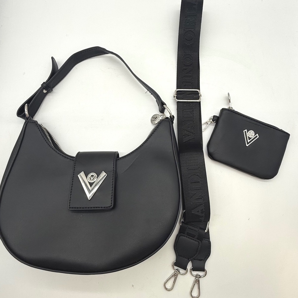Orlandi Valentino Black Crescent Hobo Bag with Webbing Strap and Coin Pouch